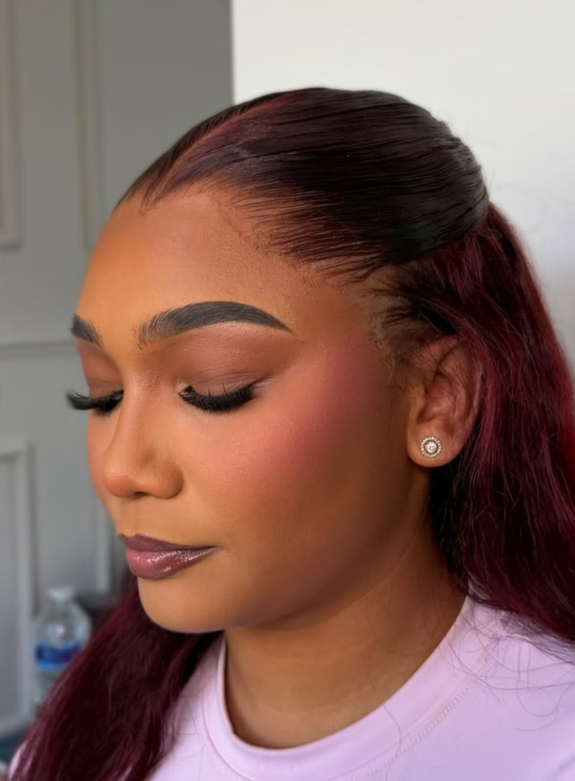 Soft bridal-style makeup with fluffy brows and glossy lip