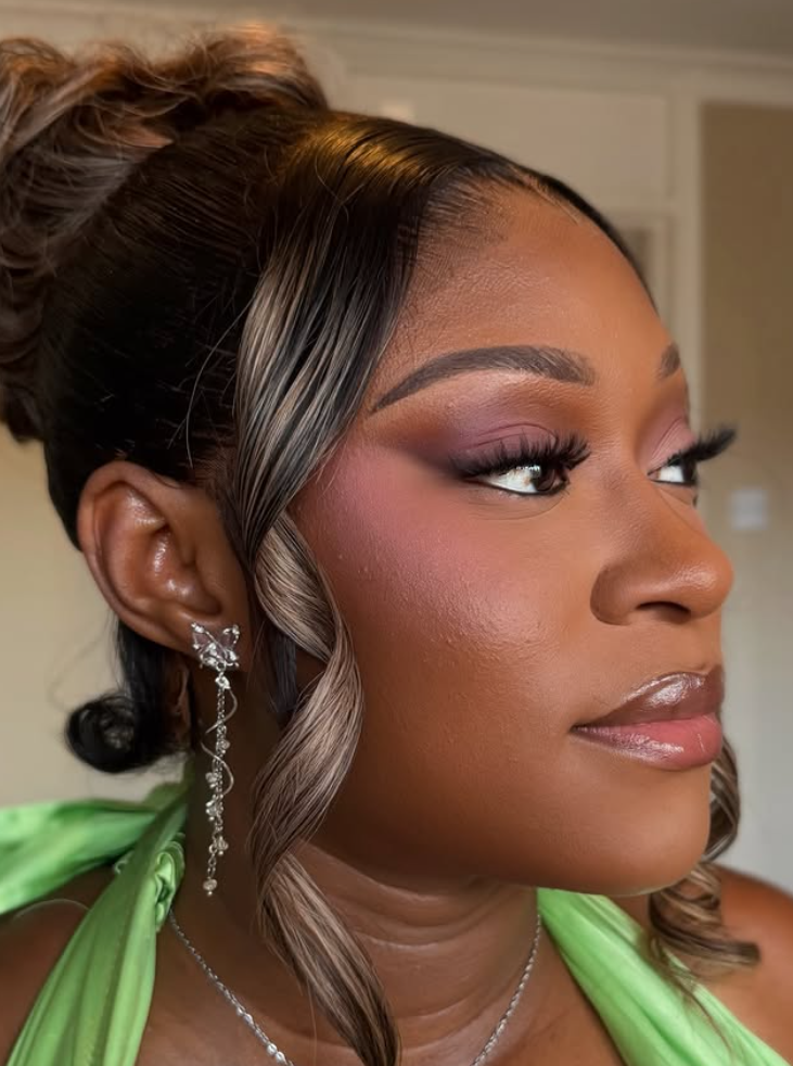 Occasion makeup with rose eye and sculpted skin