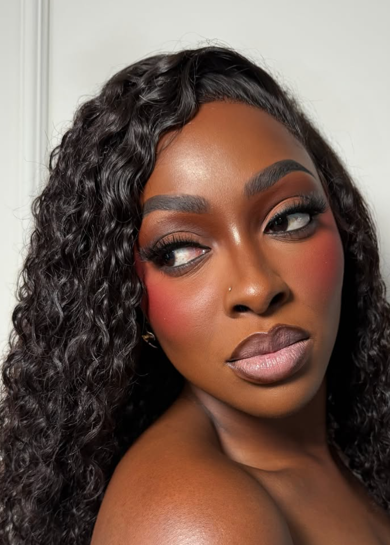 Warm smoky eye and blush-forward makeup look